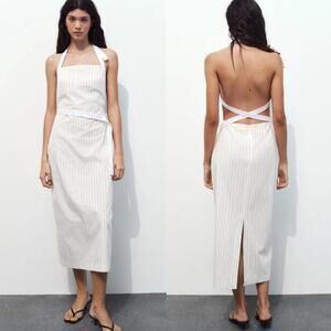 NWT ZARA Gabardine Halter Strappy Back Midi Dress Artsy Preppy Officecore Size M